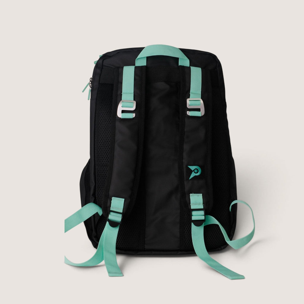 Back view of PVT Pickleball ARC bag in black with mint green straps and cushioned back panel