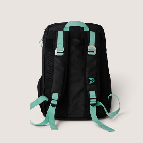 Back view of PVT Pickleball ARC bag in black with mint green straps and cushioned back panel