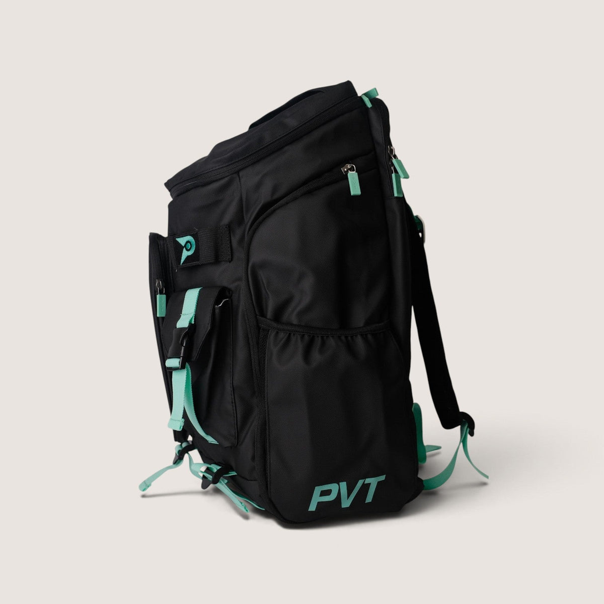 PVT Pickleball ARC bag in black waterproof nylon with teal accents, featuring side pockets and a durable design.