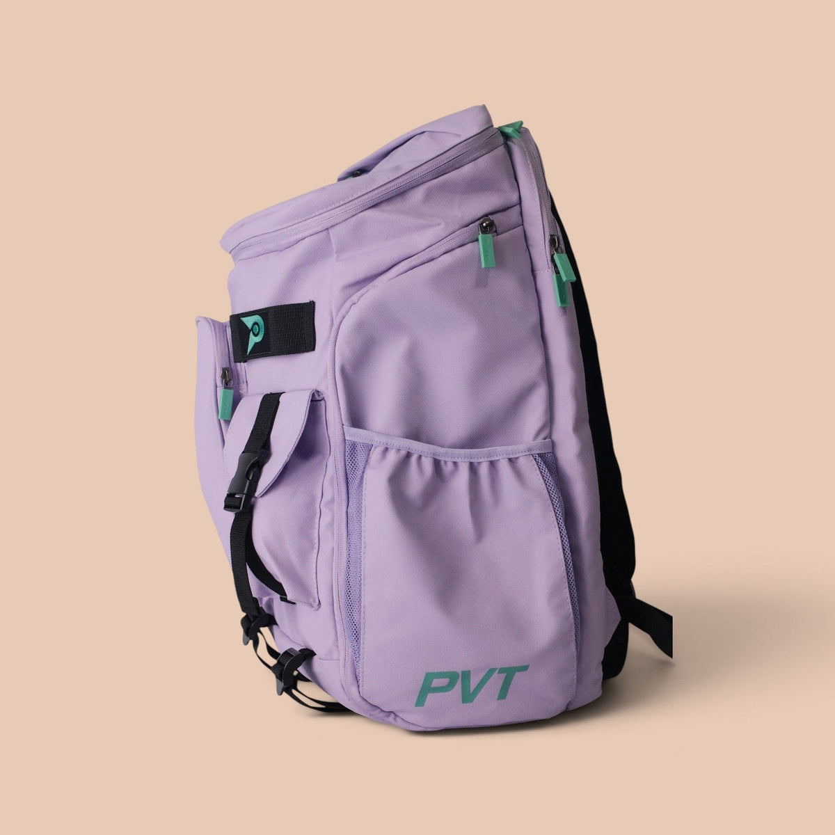 PVT Pickleball ARC lavender waterproof nylon backpack with side pockets, paddle storage, and teal zipper accents.