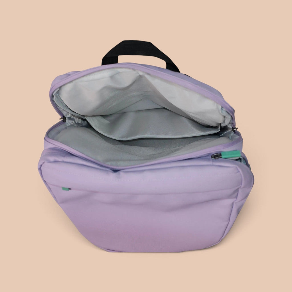 PVT Pickleball ARC bag in light purple waterproof nylon with an open main compartment showing interior storage