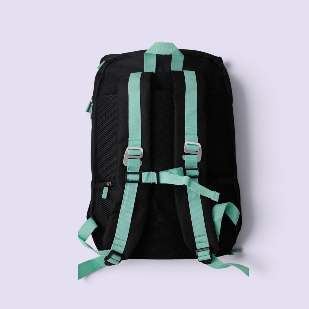 Back view of the PVT Pickleball Bolt bag in black with mint green straps and ergonomic mesh back cushioning.