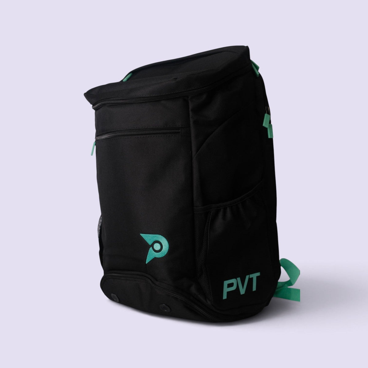 PVT Pickleball Bolt black polyester backpack with teal logo, side pockets, and ergonomic back cushioning.