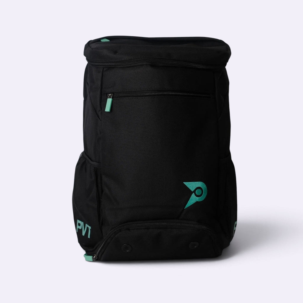 PVT Pickleball Bolt black polyester pickleball backpack with teal logo and accents, featuring multiple storage pockets.