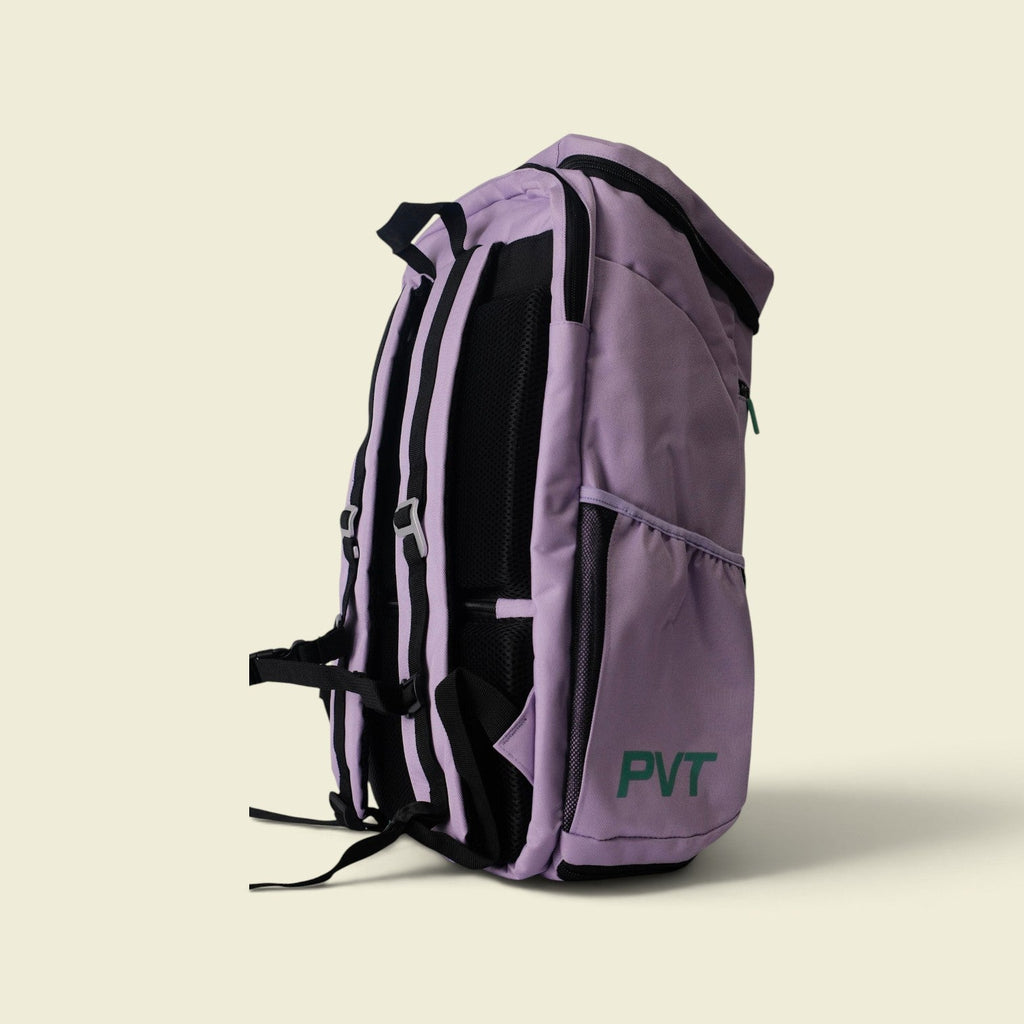 PVT Pickleball Bolt bag in lavender polyester with black straps, side pockets, and ergonomic back cushioning.