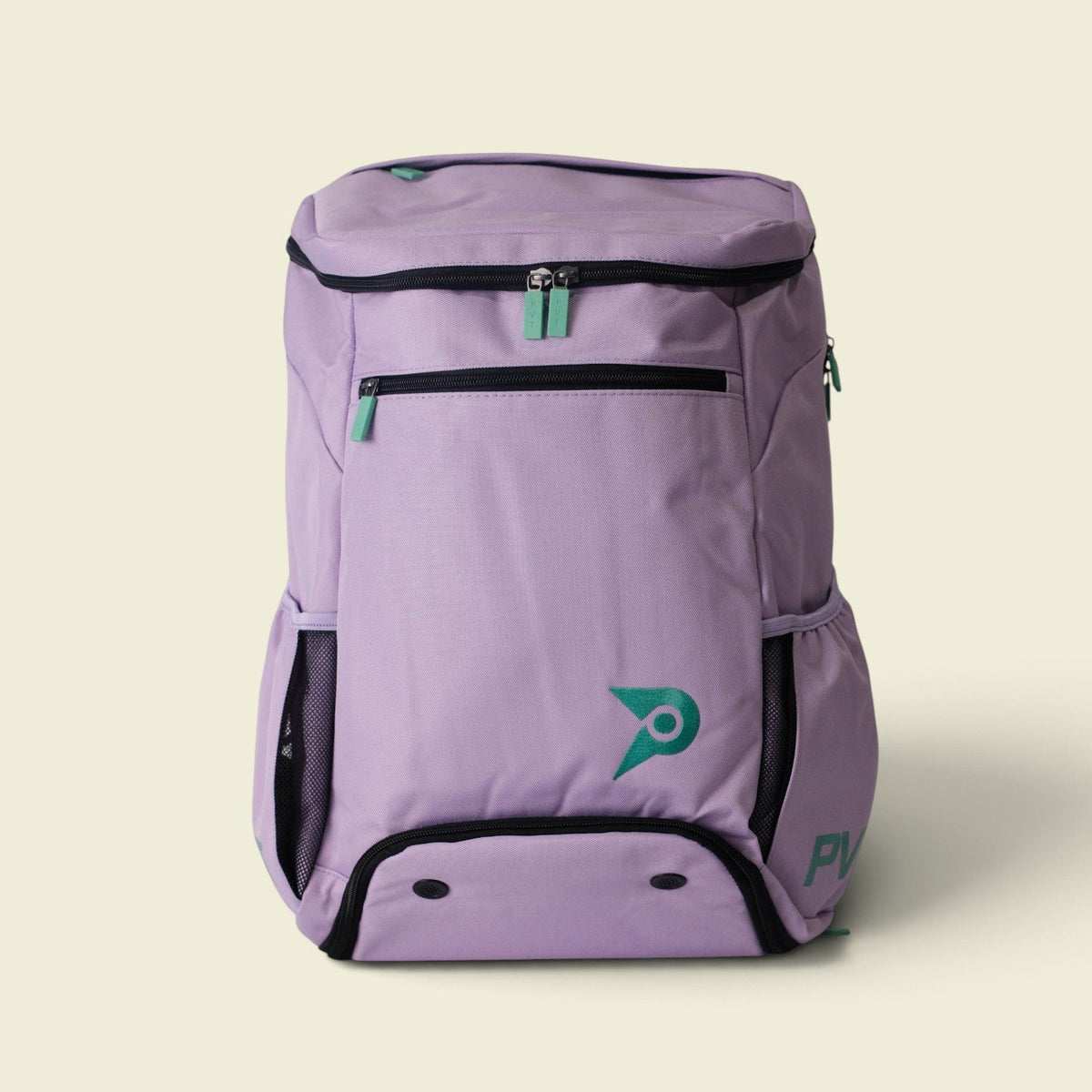 PVT Pickleball Bolt bag in lavender polyester with teal logo, featuring multiple storage pockets and durable design.