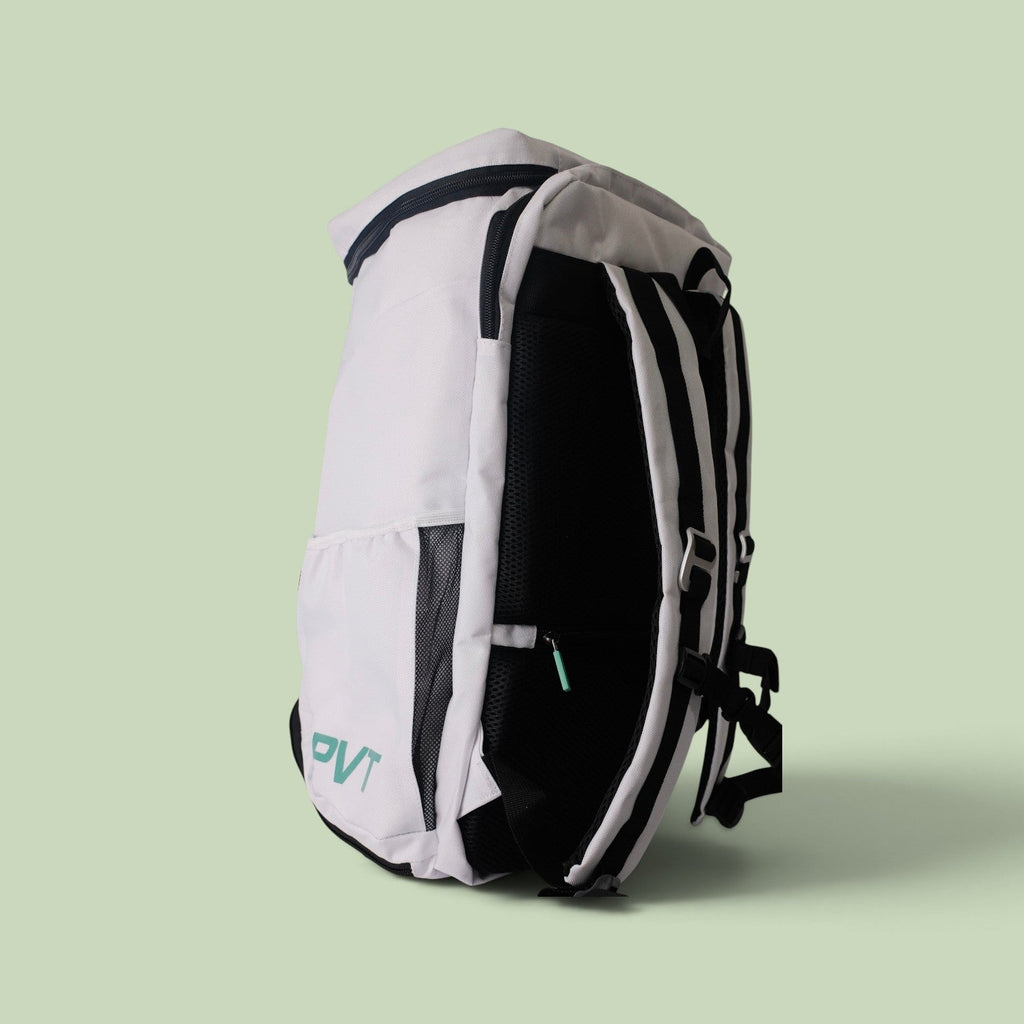 PVT Pickleball Bolt bag in white and black polyester with side pockets and ergonomic back cushioning