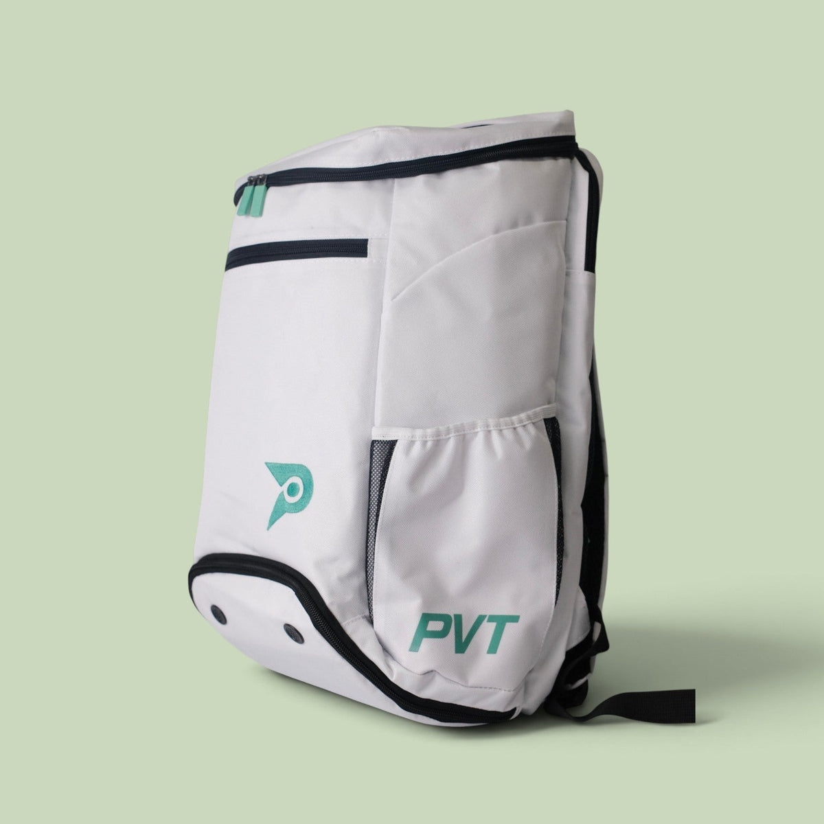 PVT Pickleball Bolt bag in white with teal logo and accents, featuring multiple storage compartments for gear.
